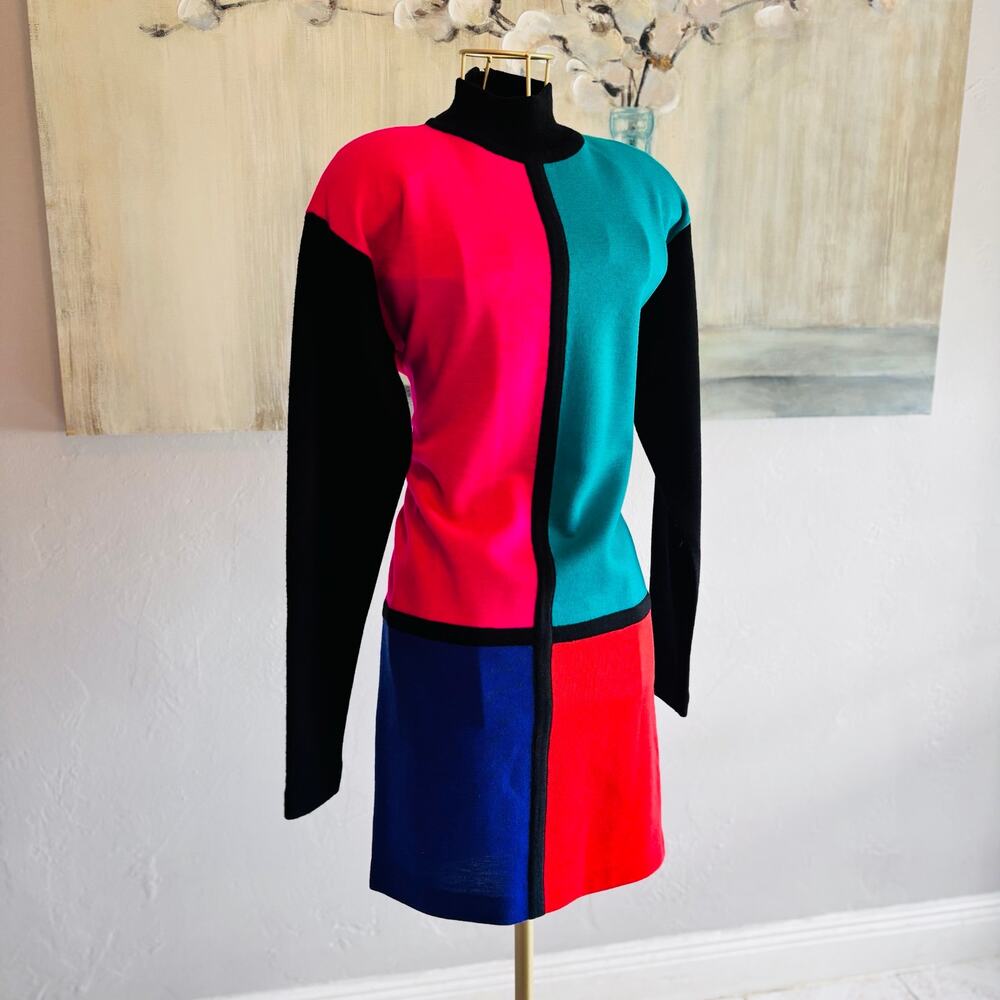Kathryn Conover Color Block Sweater Dress XS 80s Mock Neck Hong Kong